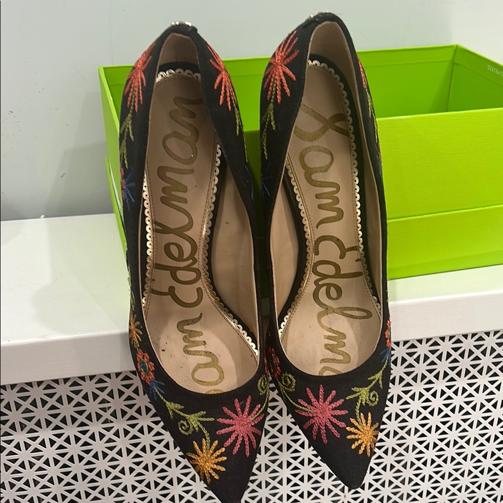 Sam Edelman Black Heels with Colorful Floral Embroidery